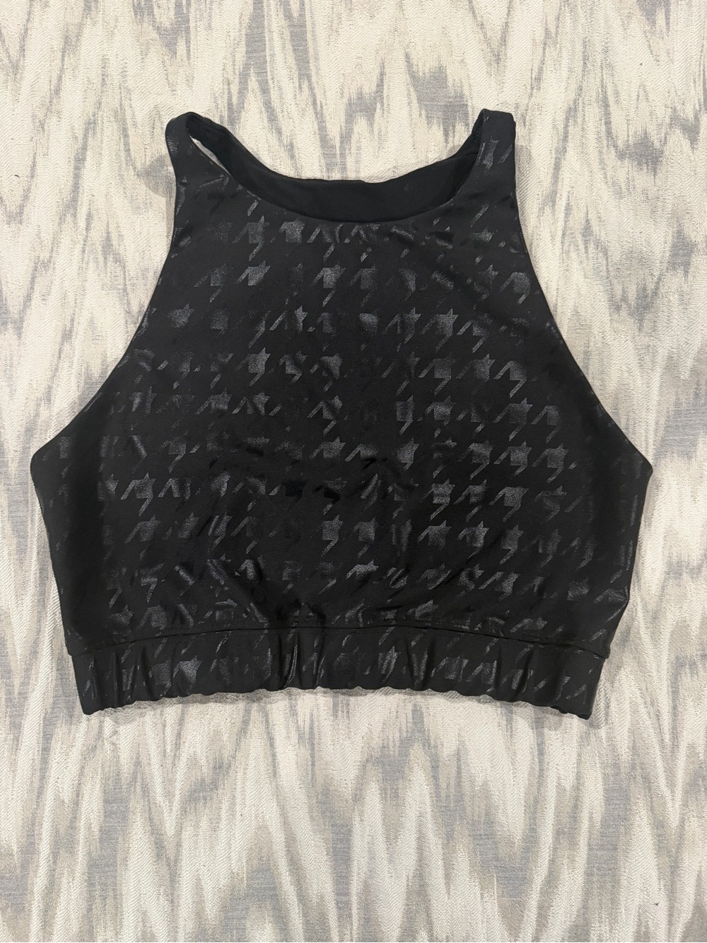 Black High Neck Peloton Sports Bra with Subtle Houndstooth Shine